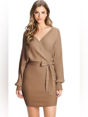 LOVE TREE Ribbed Wrap Sweater Dress in Camel